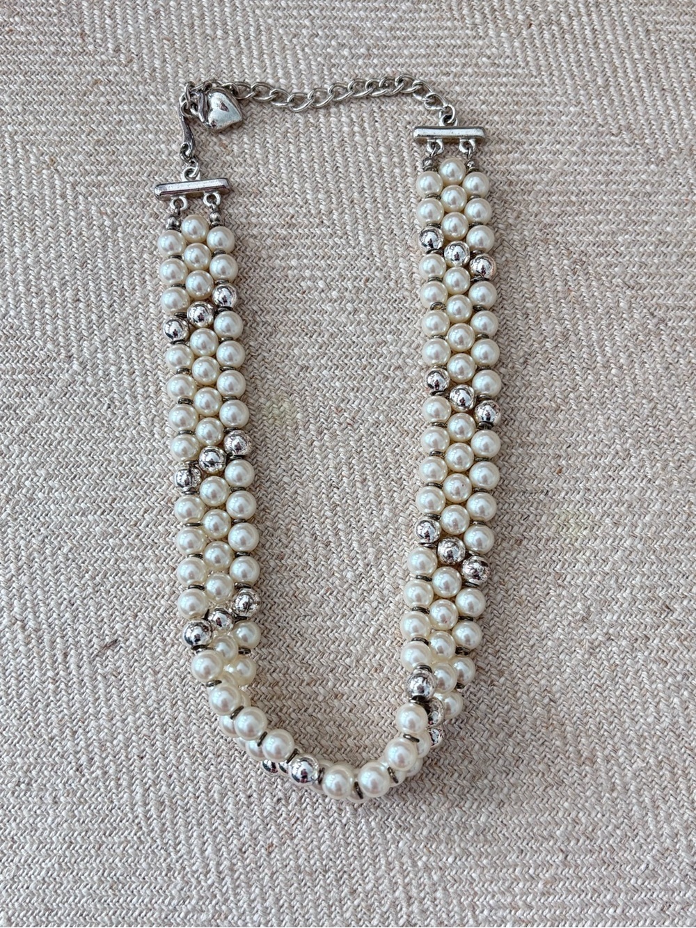 Vintage Carolee Choker Faux Pearl and Silver Triple Strand
